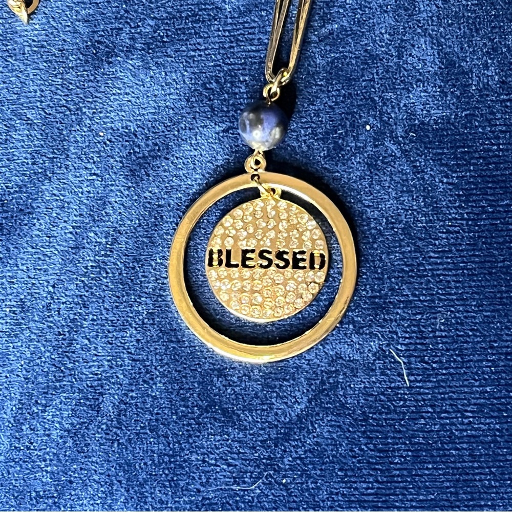 ‘Blessed’ Gold Tone Paper Clip Statement Necklace with Blue Beading - Picture 2 of 7